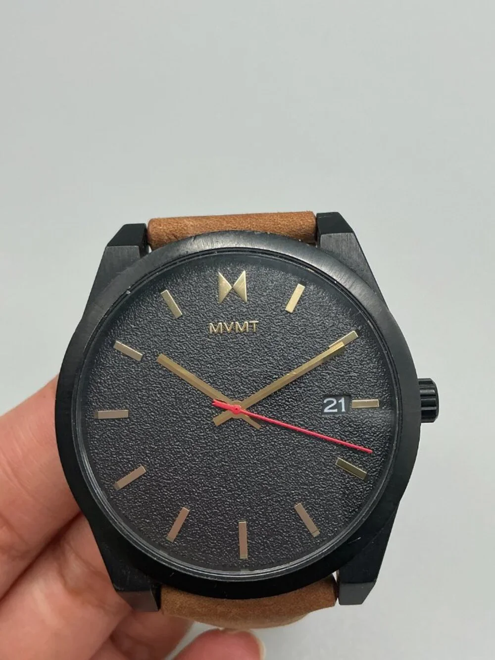 MVMT Element Caviar Black Watch Mens 43mm Black Dial Gold Tone Date Leather